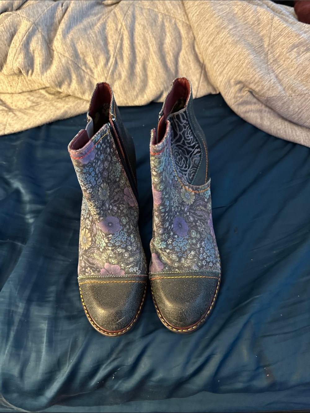 Spring Step Floral Print Ankle Boots in Purple and Black